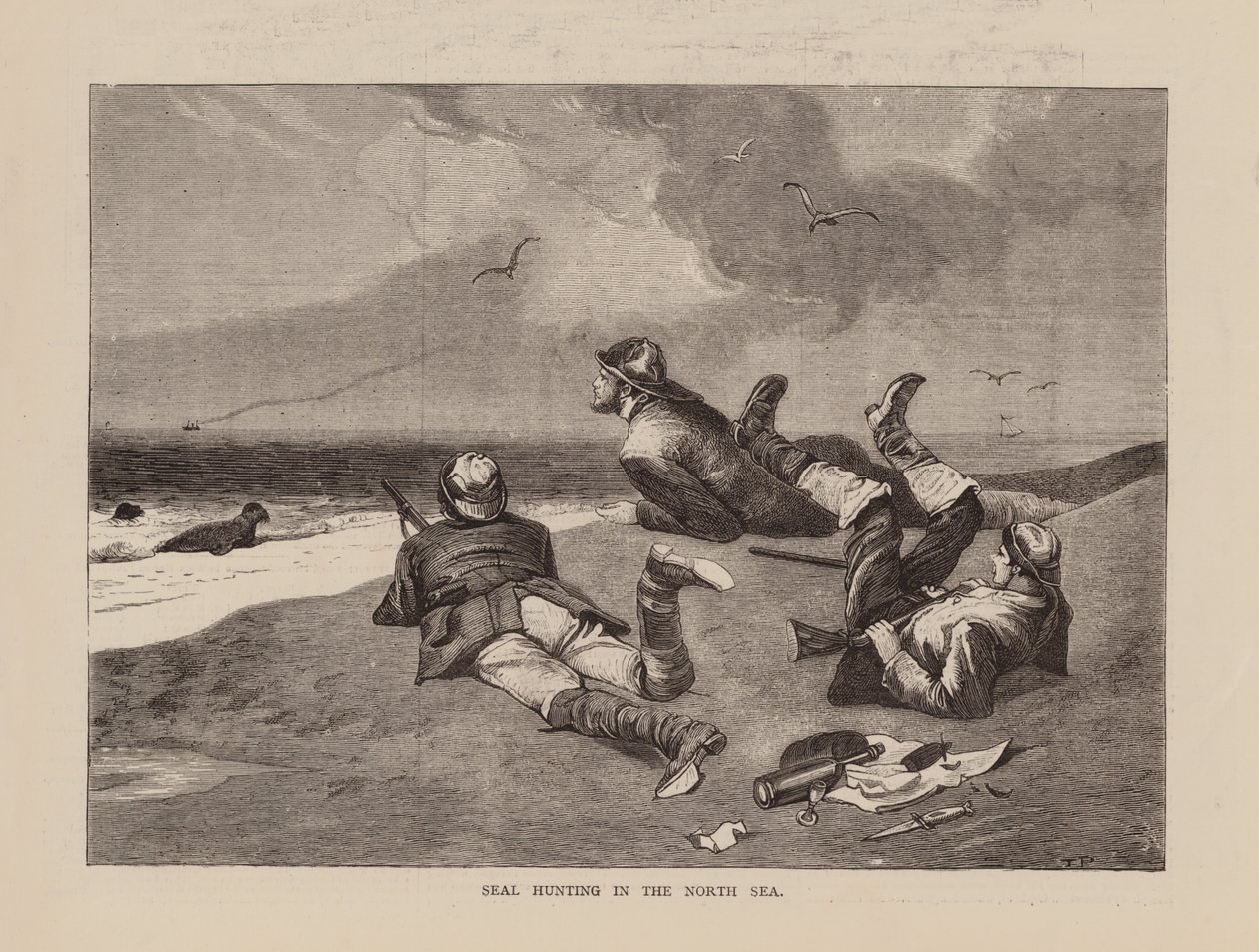 Zeehondenjacht in de Noordzee (gravure) door English School