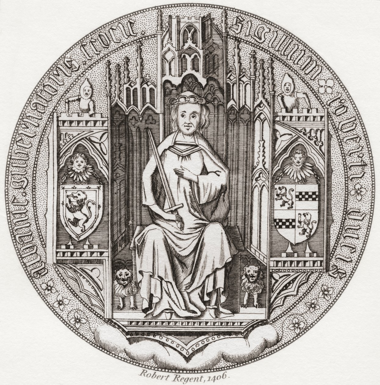 Zegel van Robert Stewart, Hertog van Albany, ca. 1340 – 1420. Lid van het Schotse koningshuis, regent, Gouverneur van Schotland, Hertog van Albany, Graaf van Fife & Menteith. Uit Iconographia Scotica of Portretten van Illustere Personen van Schotland, gepu door English School