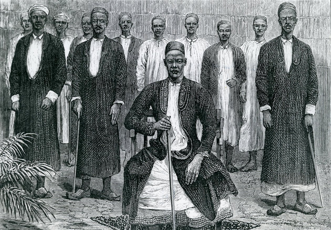 Sekebobo Hoofd van Chagwe, Mtesa Hoofd van Oeganda, Chambarango en Pokino de Eerste Minister (gravure) door English School