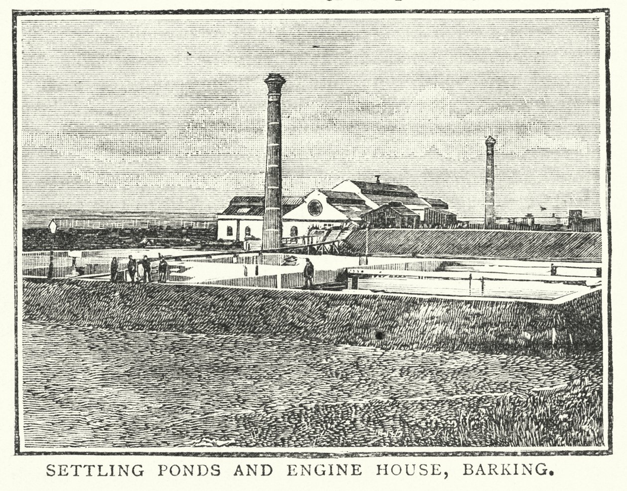 Bezinkingsvijvers en machinehuis, Barking (gravure) door English School