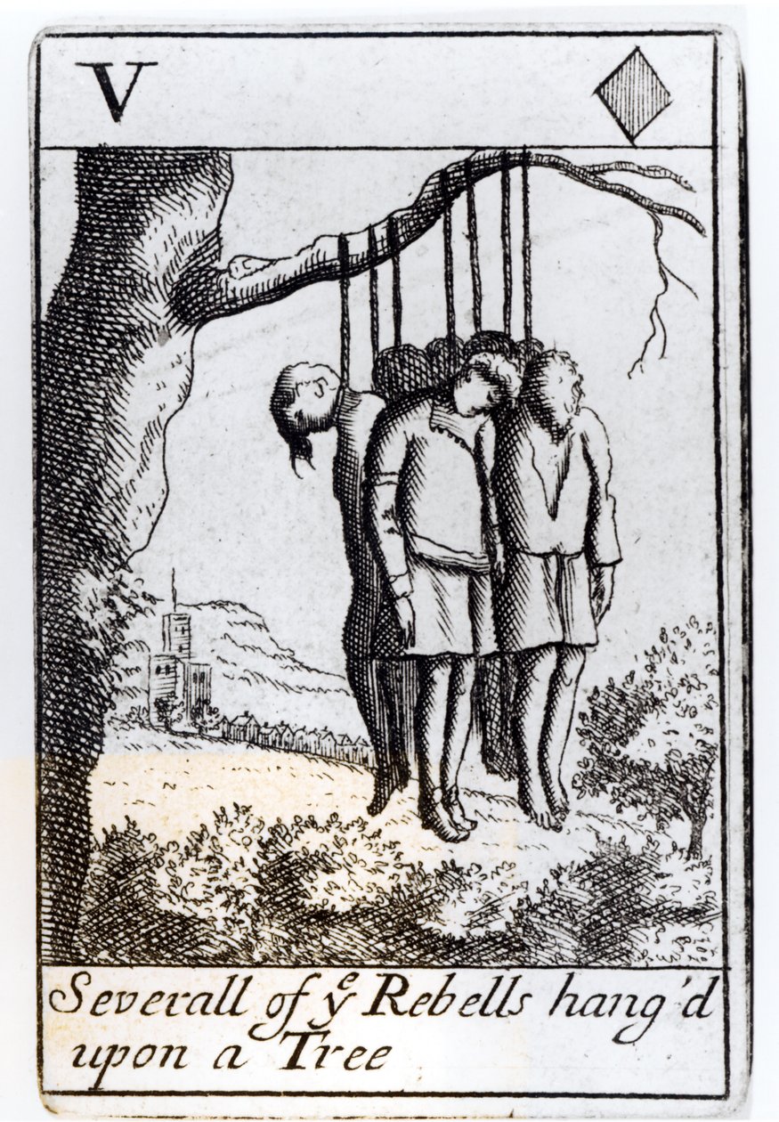 Verschillende rebellen opgehangen aan een boom, harten vijf speelkaart uit een set ter herdenking van Monmouths opstand in 1685 door English School