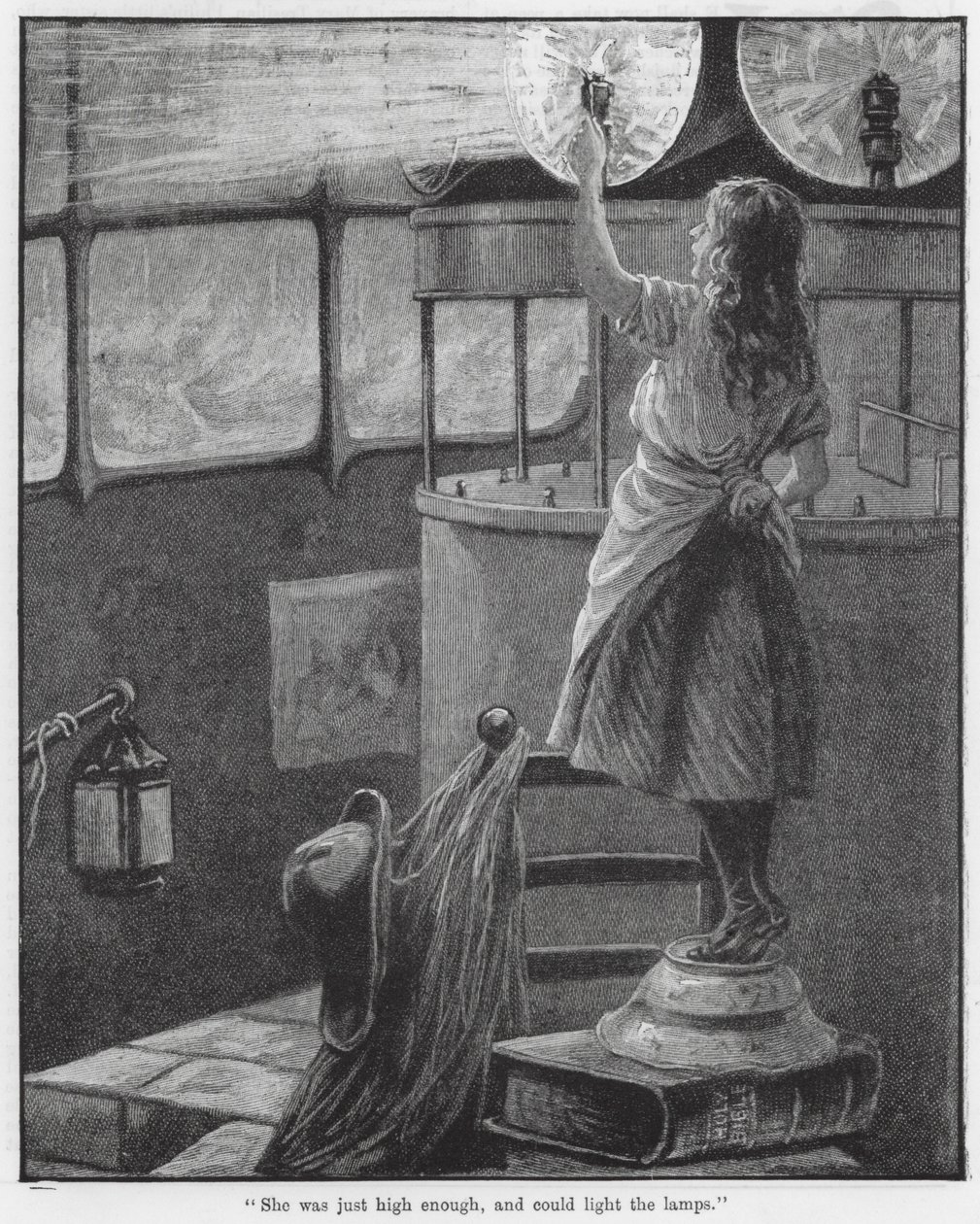 "Ze was net hoog genoeg en kon de lampen aansteken" (gravure) door English School
