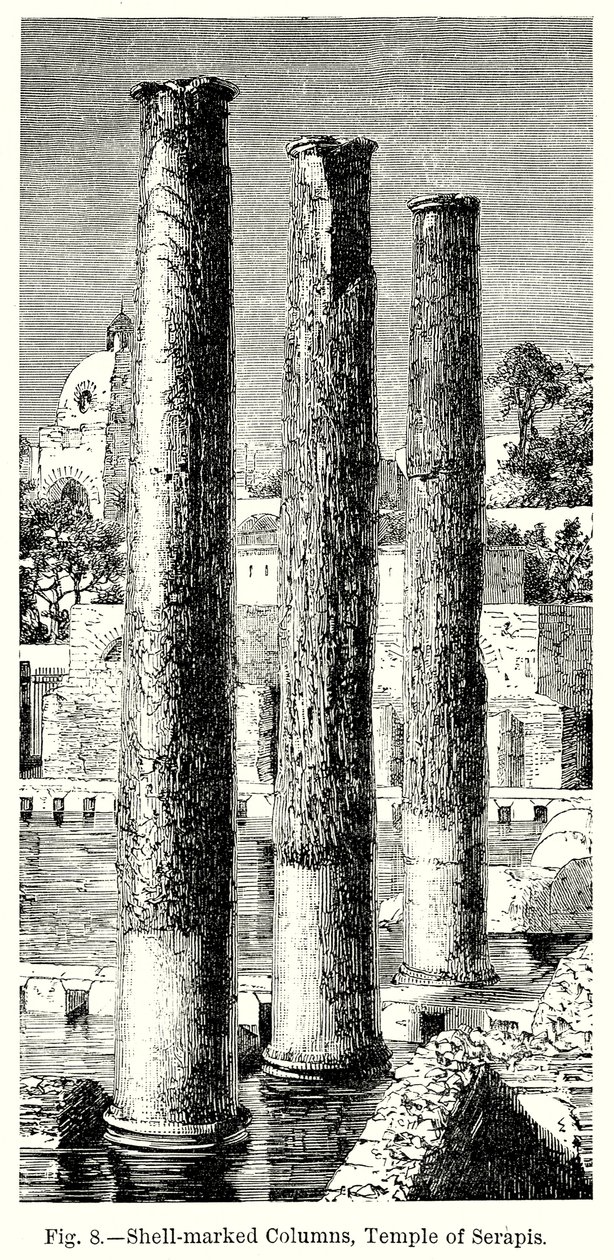 Met schelpen gemarkeerde zuilen, Tempel van Serapis (gravure) door English School