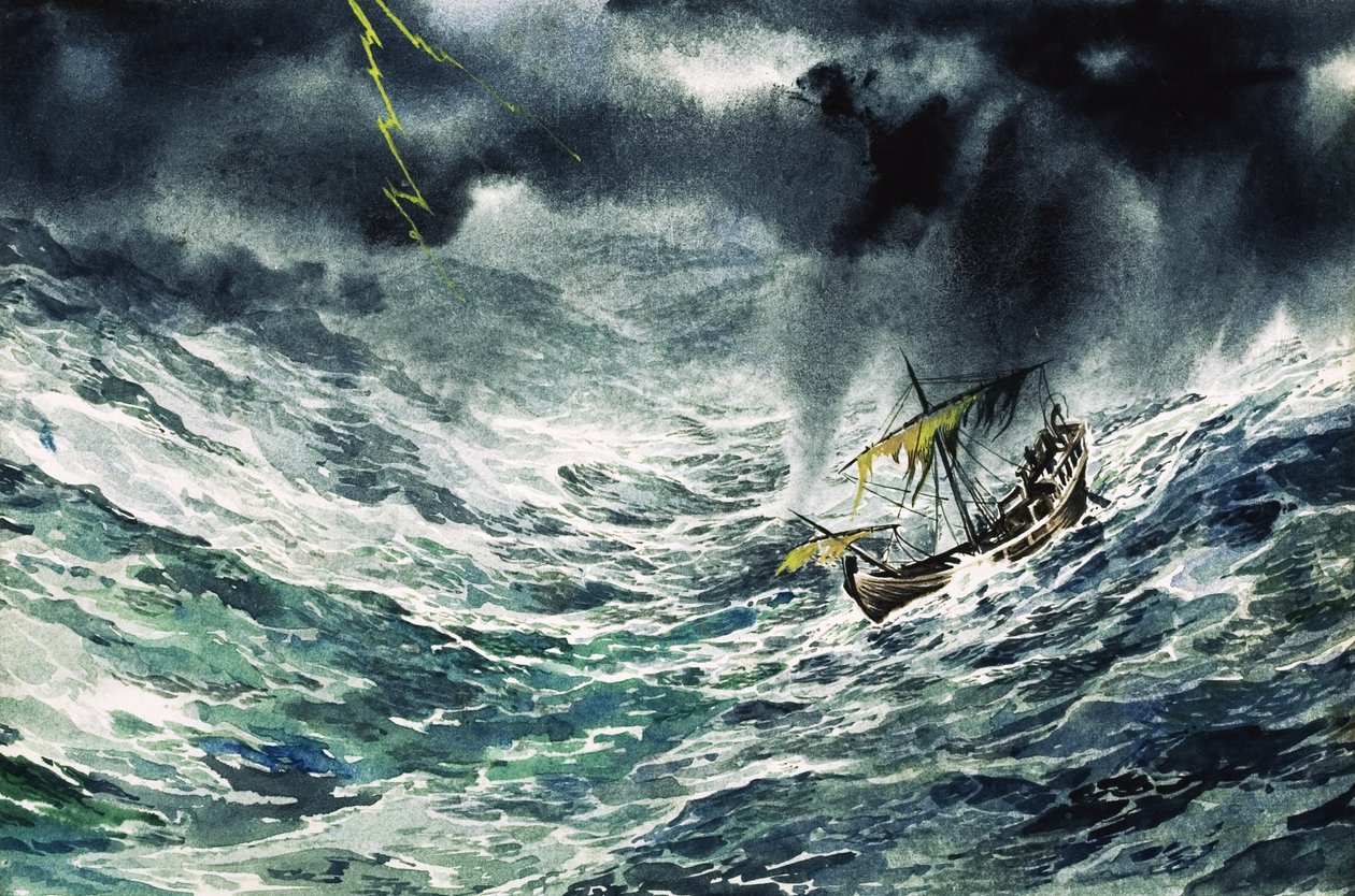 Schip in een storm (gouache op papier) door English School