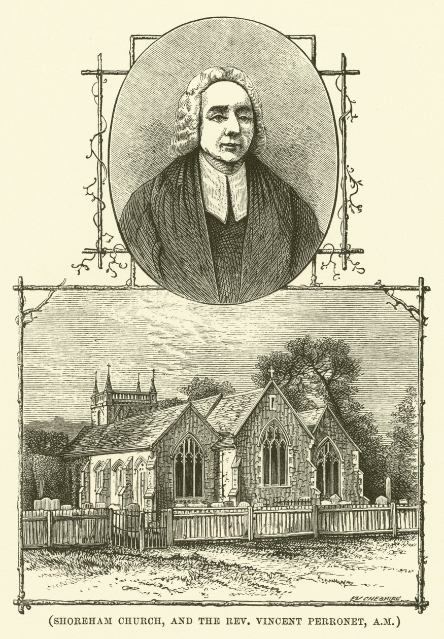 Shoreham Church, en dominee Vincent Perronet, AM (gravure) door English School