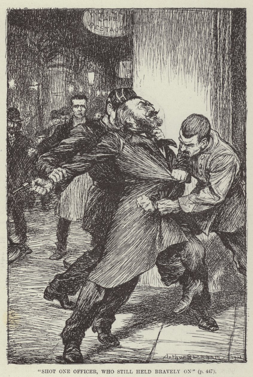 "Schoot één officier neer, die nog steeds dapper standhield" (gravure) door English School