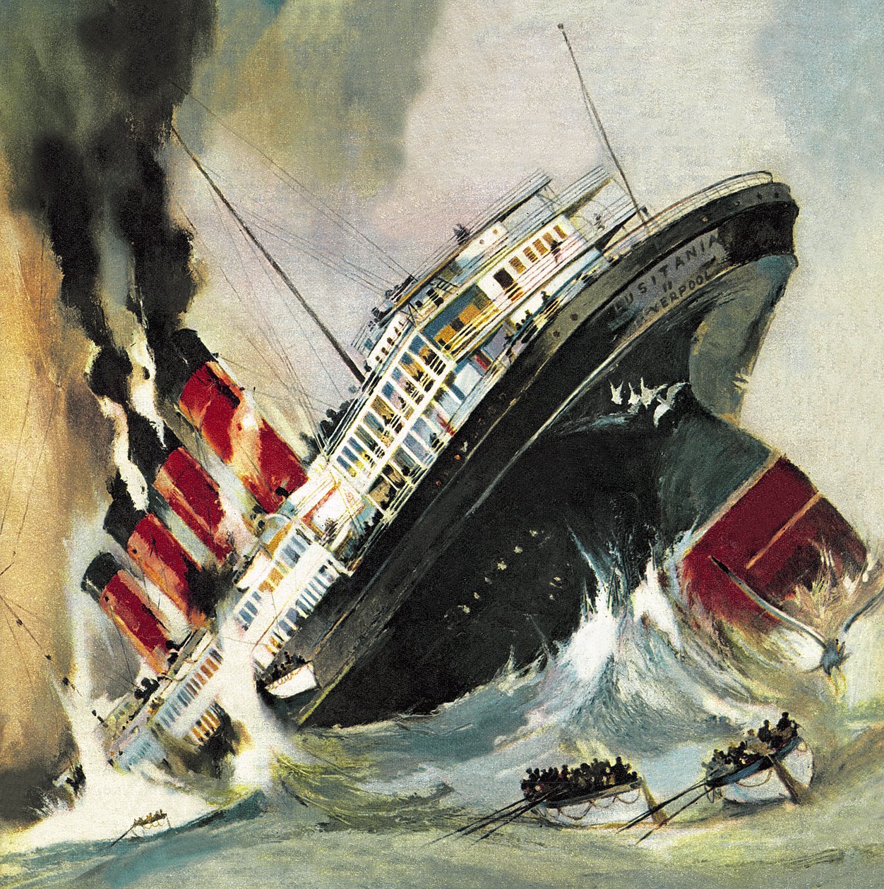 Schipbreuk van de Lusitania in mei 1915 (litho) door English School