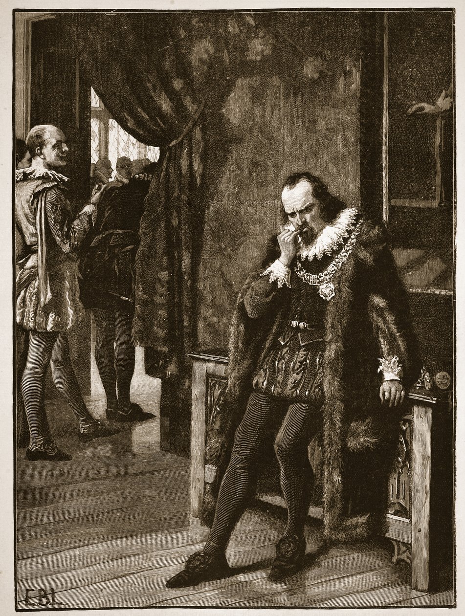 Sir Francis Bacon wachtend op een audiëntie van Buckingham, illustratie uit Cassells Geïllustreerde Geschiedenis van Engeland door English School