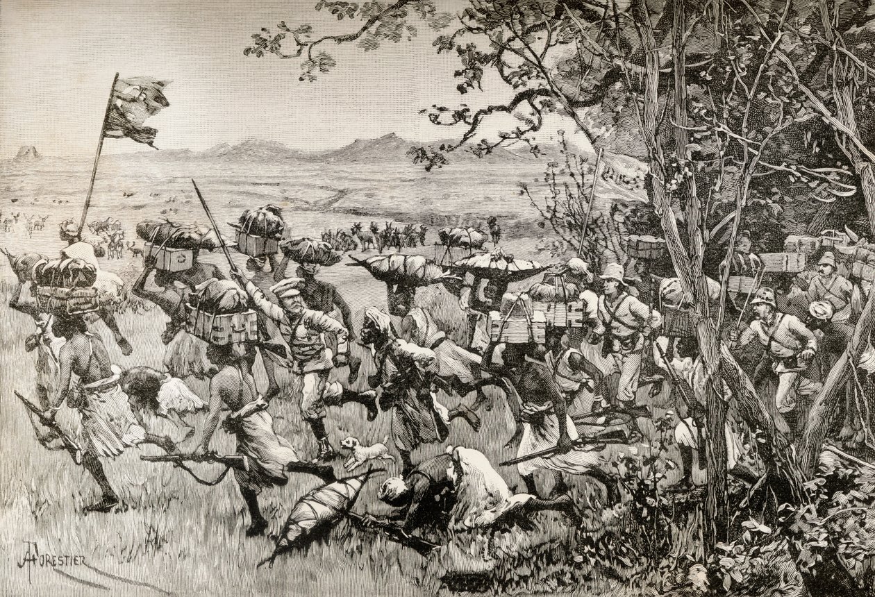 Sir Henry Morton Stanley en zijn mannen komen eindelijk uit het bos op het Grasland in 1887, tijdens hun Emin Pasha Relief Expedition in Afrika door English School