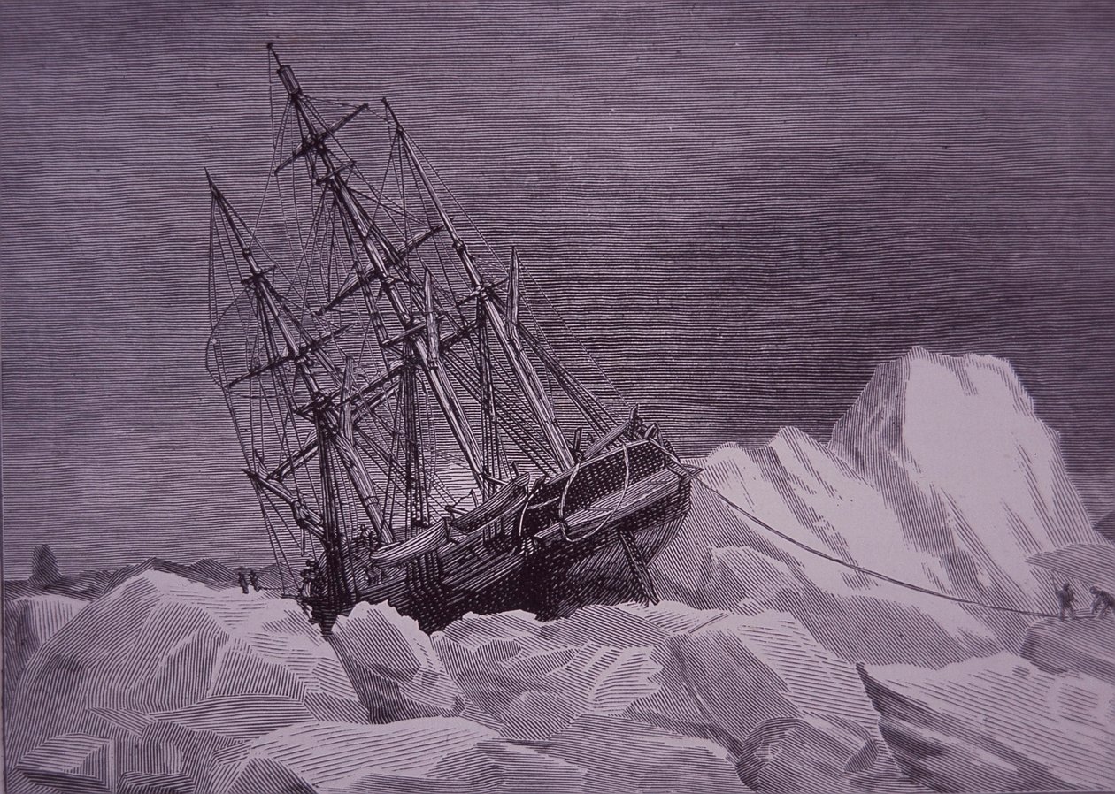 Sir John Franklin, expeditie van 1845 om de Noordwestelijke Doorvaart te vinden, schip Terror vast in ijs, late 19e eeuw door English School