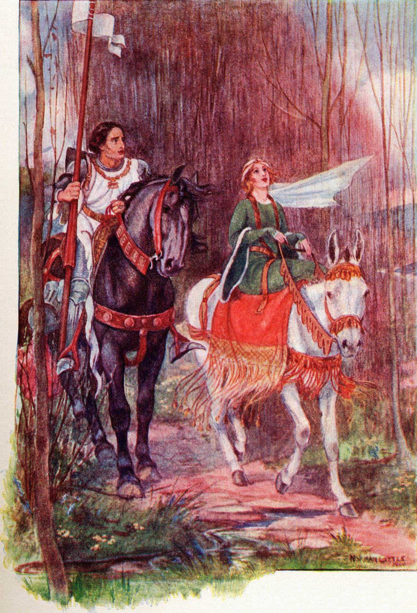 Sir Lancelot en Koningin Guinevere. Gekleurde illustratie uit het boek The Gateway to Tennyson gepubliceerd 1910. door English School