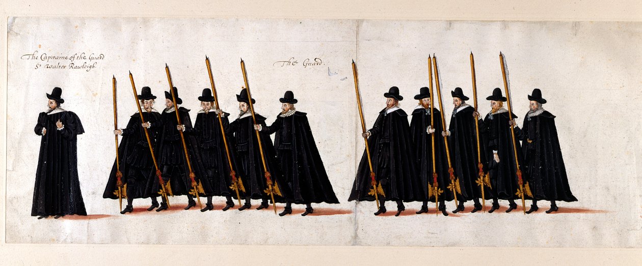 Sir Walter Raleigh, kapitein van de wacht, en de wacht. Deel van de begrafenisstoet van koningin Elizabeth I naar Westminster Abbey, 28 april 1603 door English School