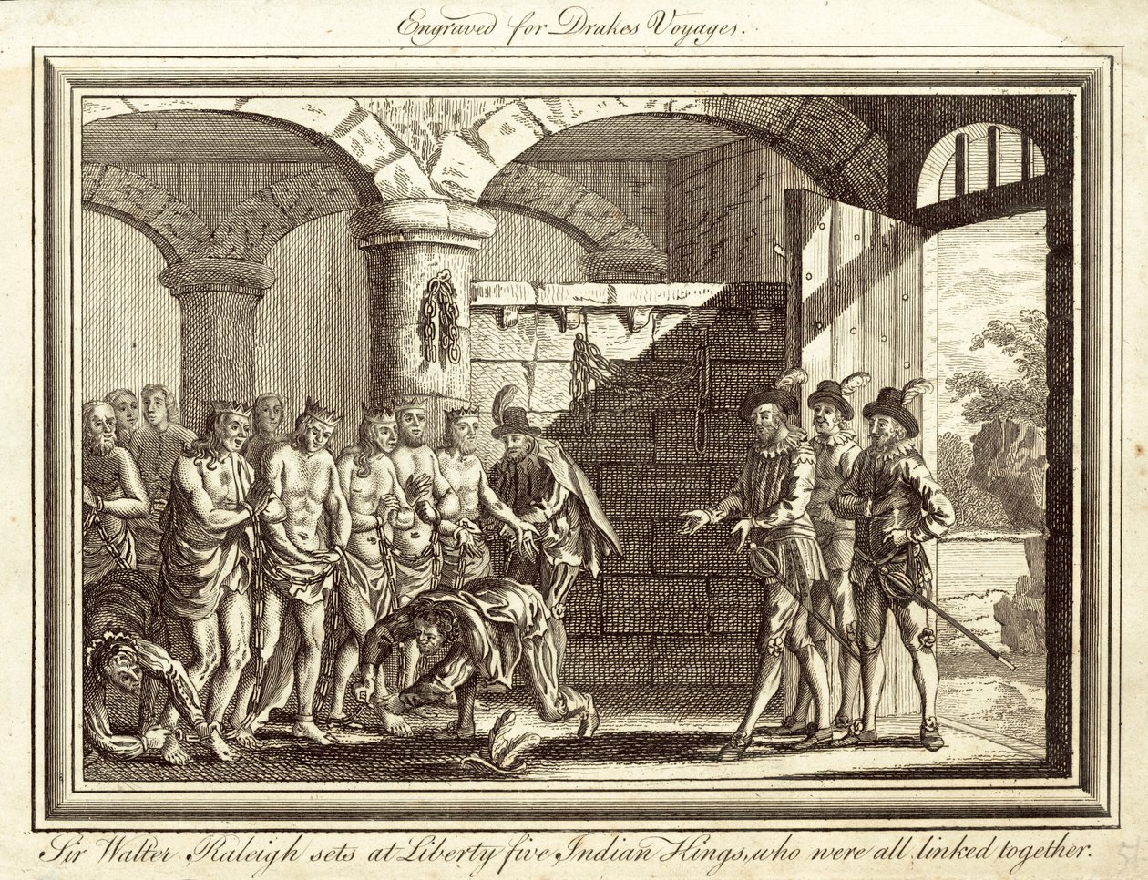 Sir Walter Raleigh bevrijdt vijf Indiase koningen, die allemaal met elkaar verbonden waren (gravure) door English School