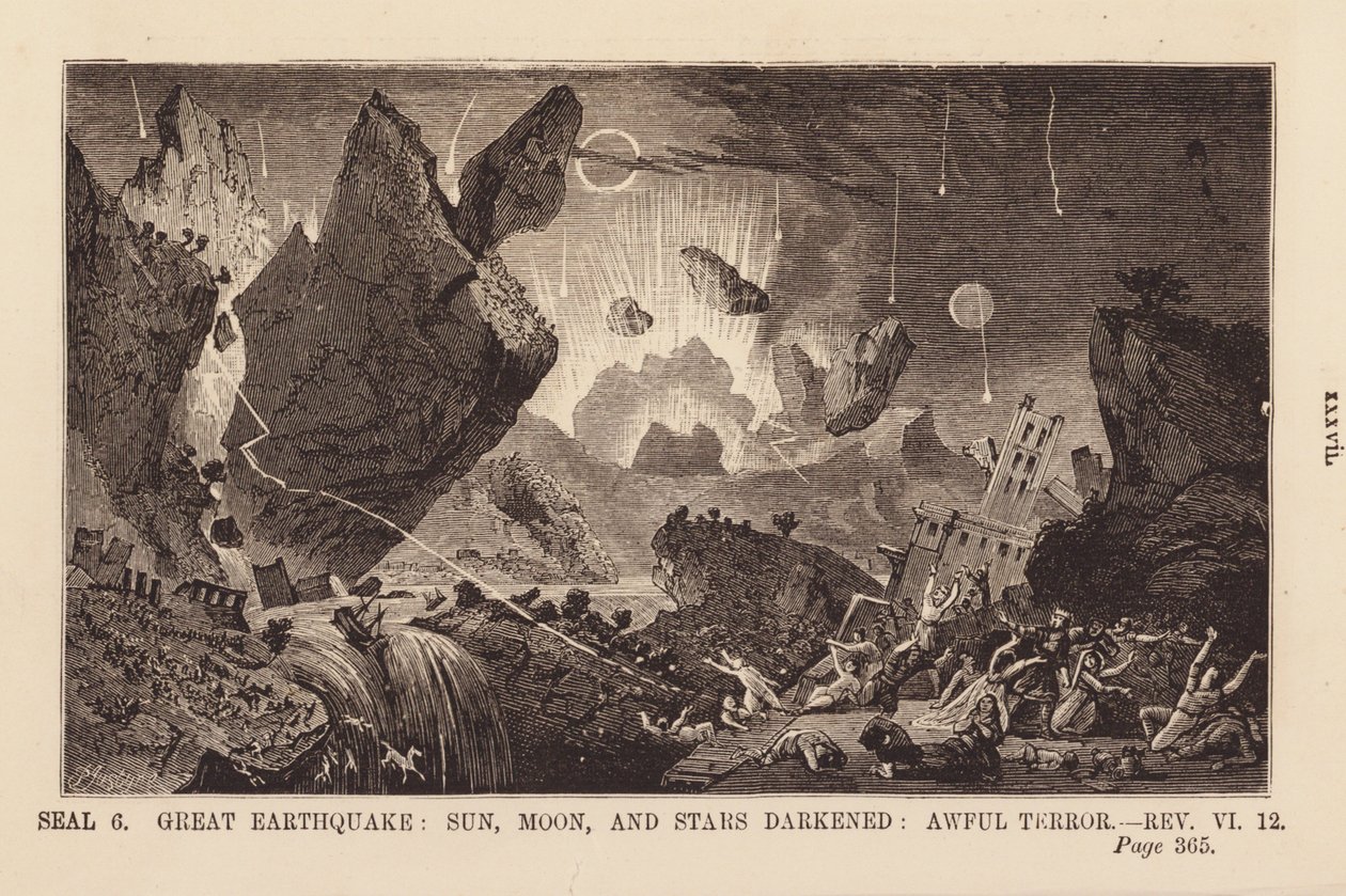Zesde zegel, grote aardbeving, zon, maan en sterren verduisterd (gravure) door English School