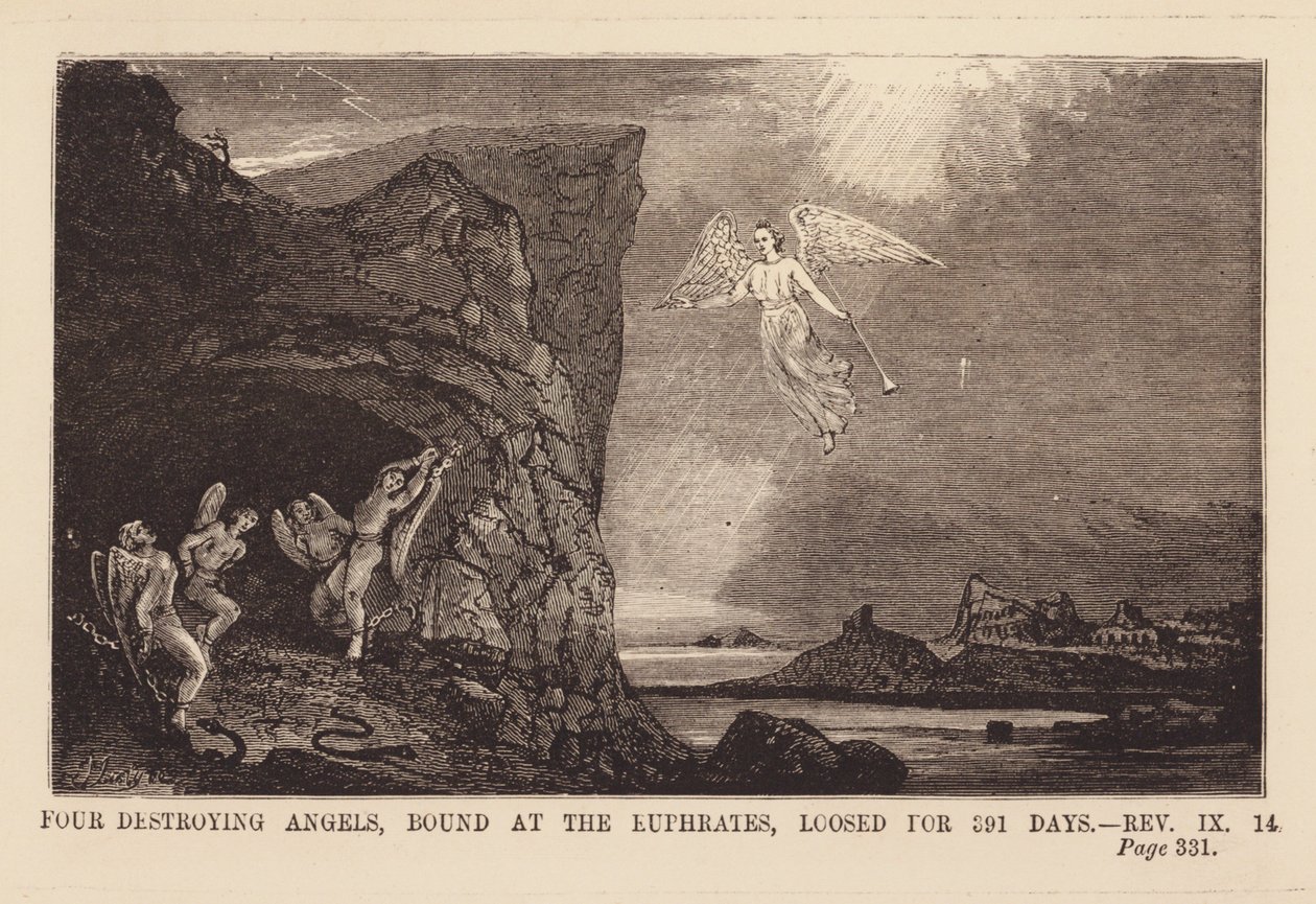 Zesde engel bevrijdt de vier engelen die gebonden zijn aan de rivier de Eufraat (gravure) door English School