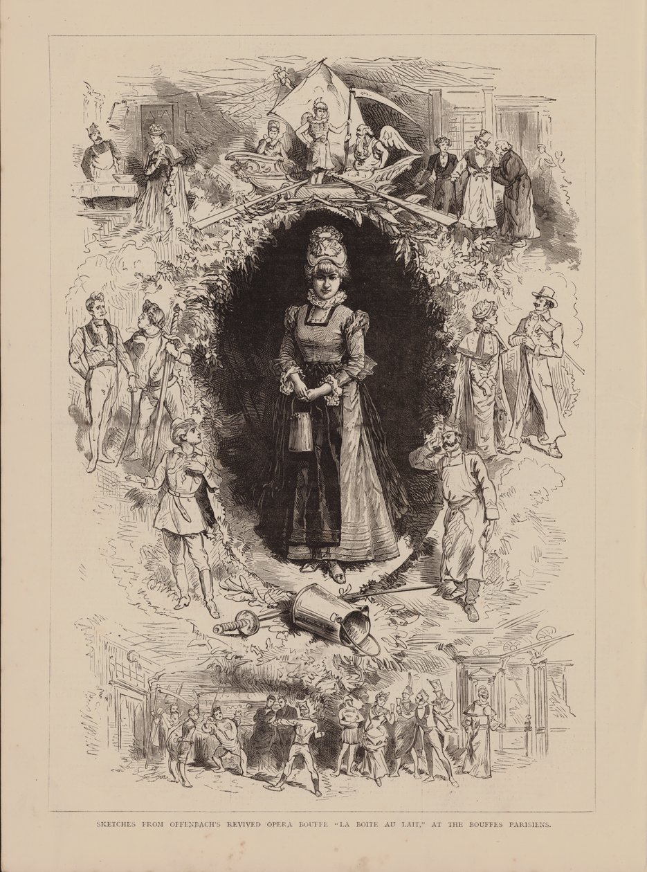 Schetsen uit Offenbachs herleefde Opera Bouffe "La Boite Au Lait," in de Bouffes Parisiens (gravure) door English School