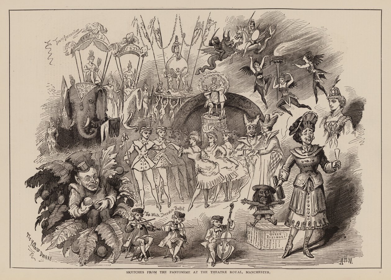 Sketches from the Pantomime at the Theatre Royal, Manchester (gravure) door English School