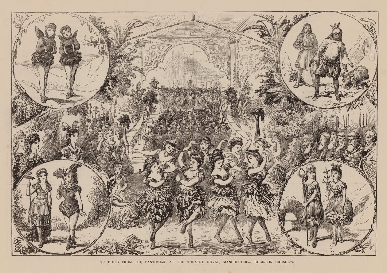 Sketches from the Pantomime at the Theatre Royal, Manchester, Robinson Crusoe (gravure) door English School