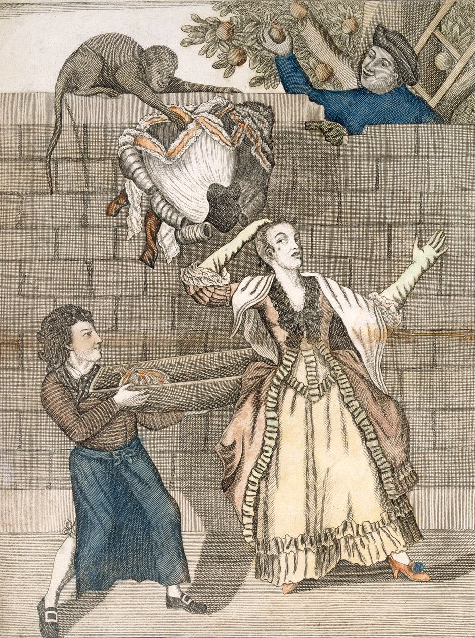 Handigheid van een aap of het hoofd van de dame ontladen, naar een originele tekening van Grimm, gedrukt voor Carington Bowles, Londen, uitgegeven 1778 door English School