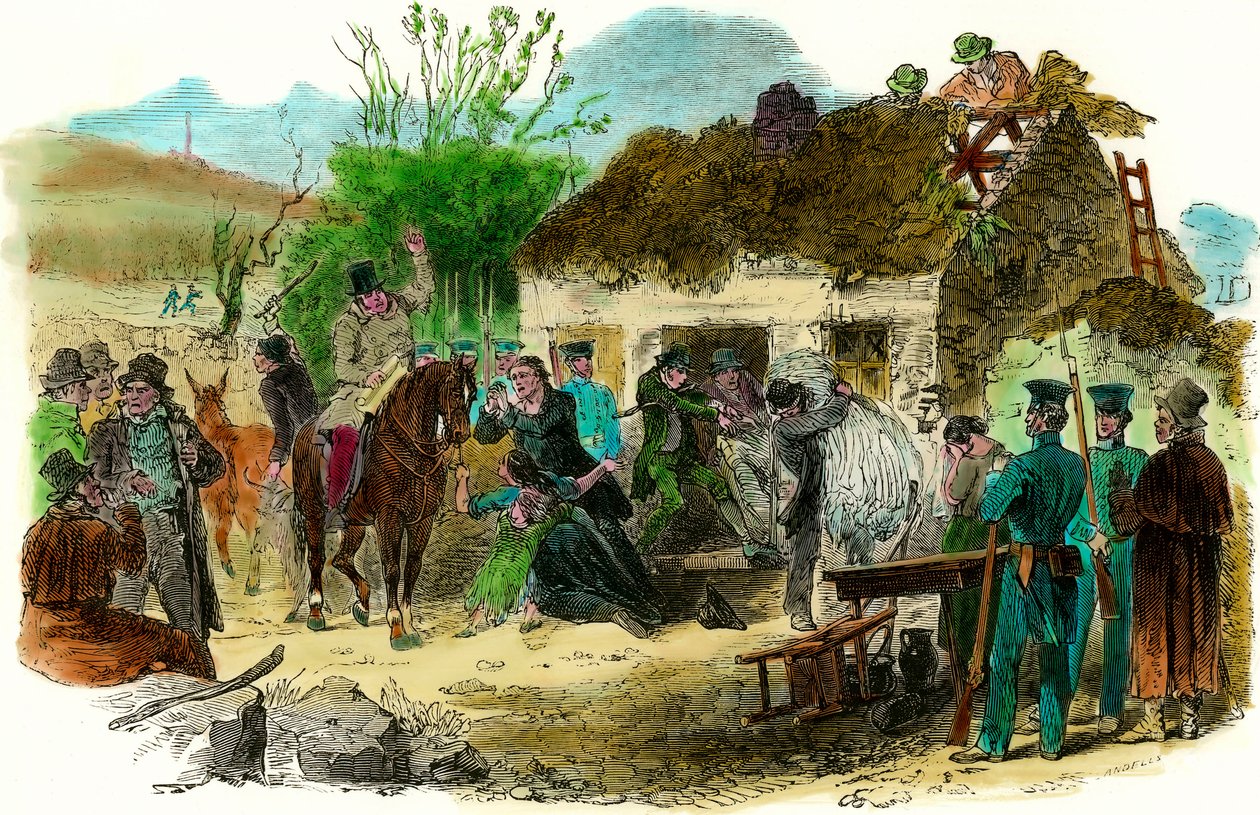 Sociale omstandigheden in Ierland in 1848 uitzetting van boeren (illustratie London News van 16 december 1848) door English School