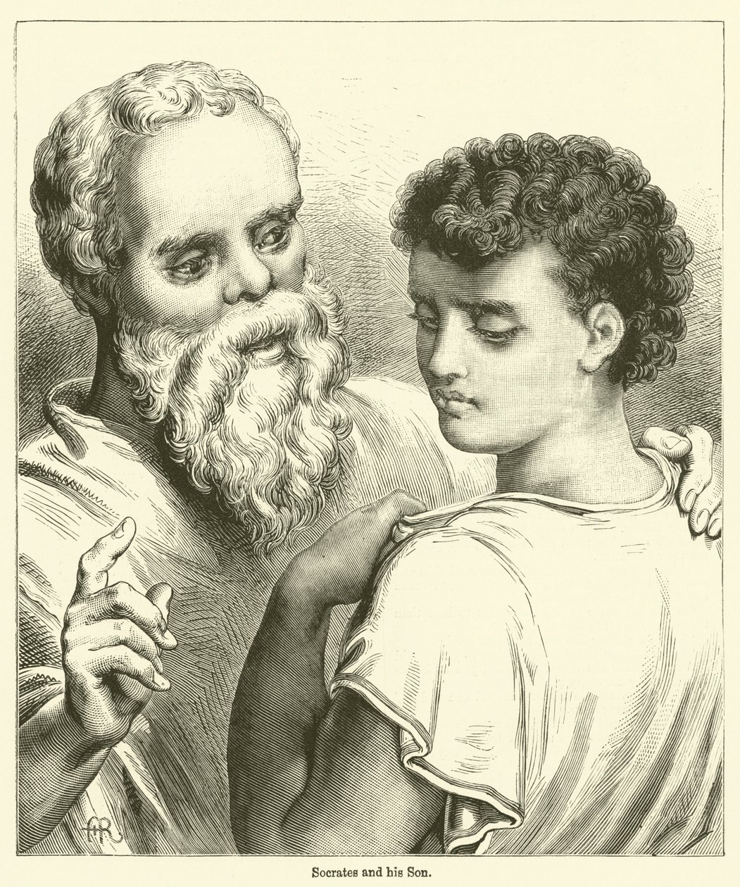 Socrates en zijn zoon (gravure) door English School