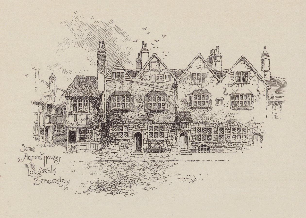 Enkele oude huizen in de Long Walk Bermondsey (litho) door English School