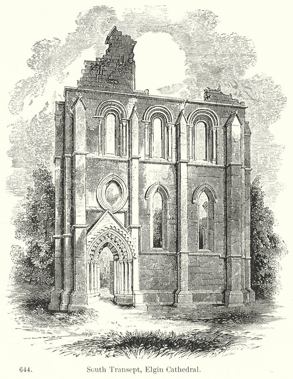 Zuidertransept, Elgin Cathedral (gravure) door English School
