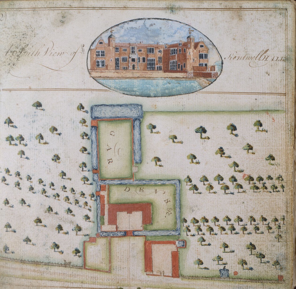 Zuidelijk uitzicht op Kentwell Hall, uit de Survey of the Estate of Richard Moore, Esq. Kentwell Hall, Suffolk, 1777 door English School
