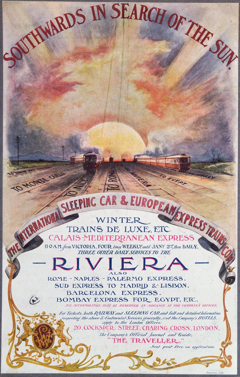 Zuidwaarts naar de zon, poster die de diensten van de Internationale Slaapwagenmaatschappij naar de Franse Rivièra adverteert, ca. 1910 door English School
