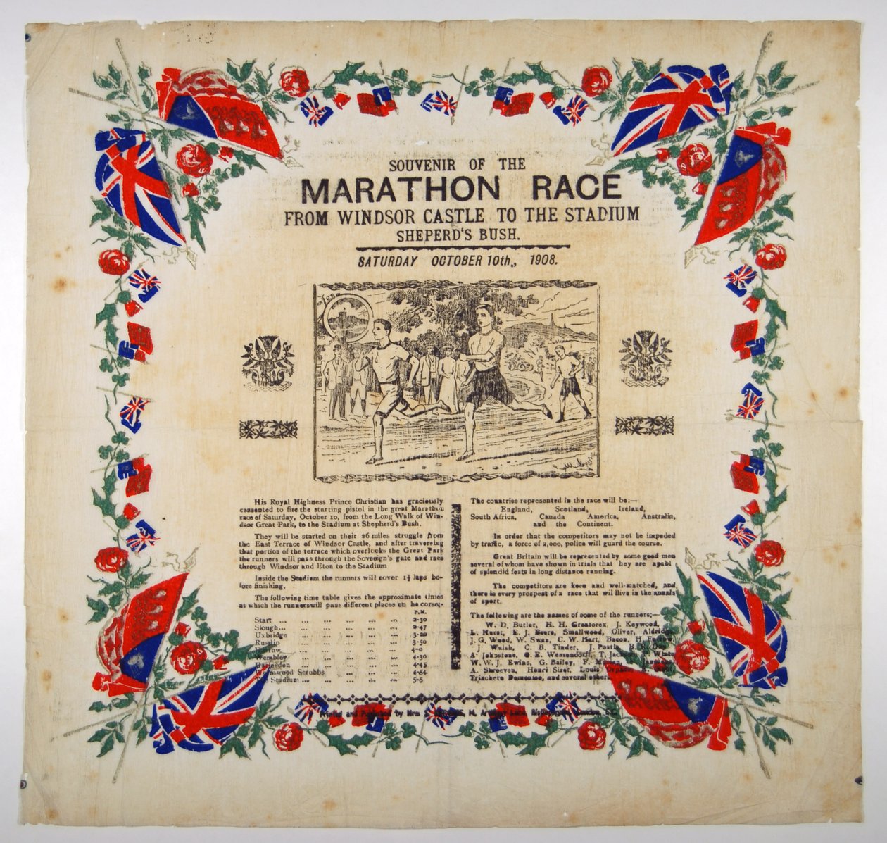 Souvenir van de marathonrace van Windsor Castle naar het stadion, Shepherds Bush, 1908 door English School