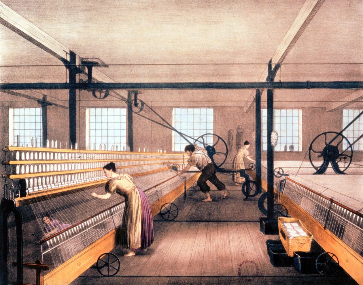 Spinning Mules in katoenfabriek, ca. 1935 door English School