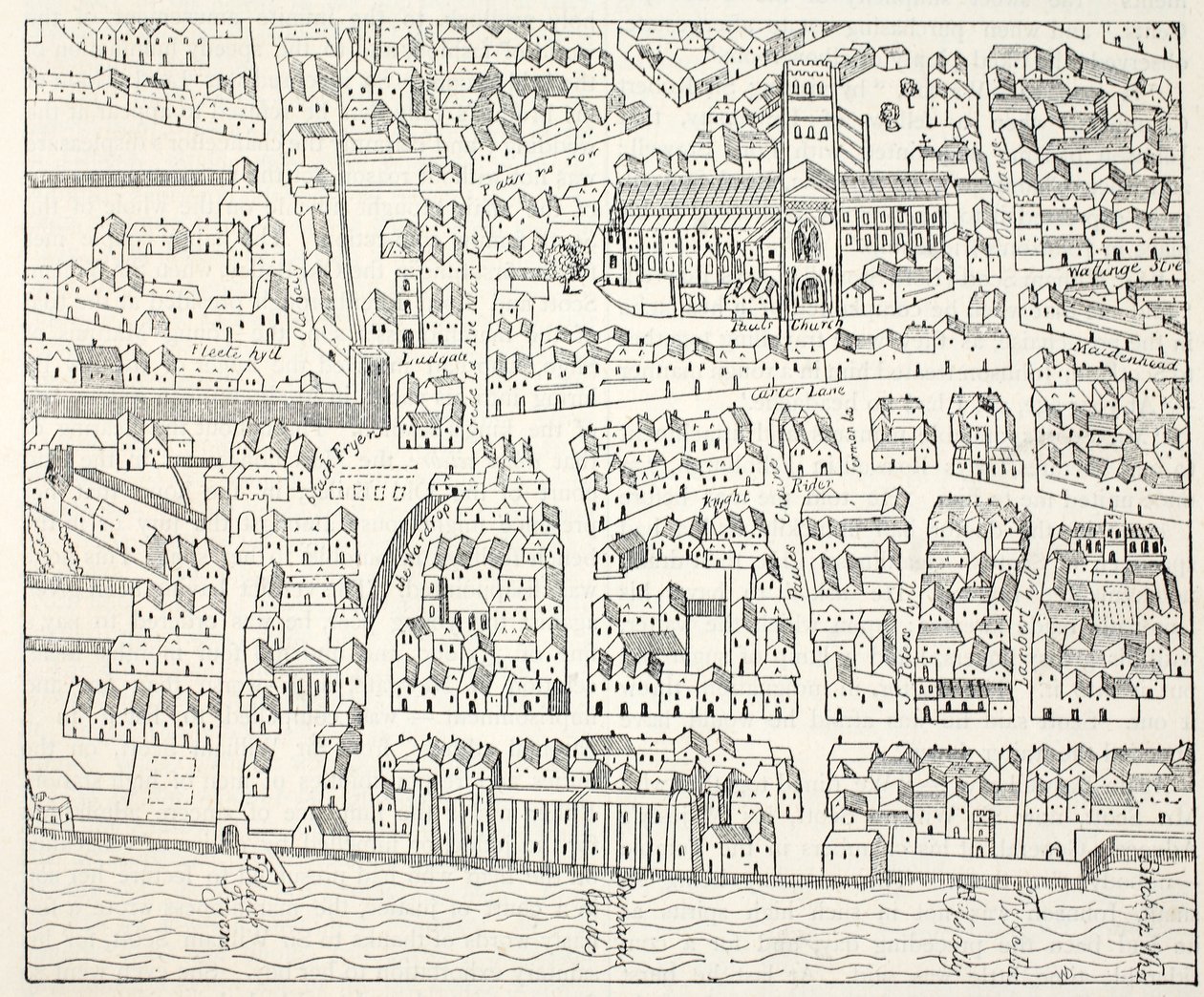 St. Pauls en omgeving, uit Aggas Plan, 1563 door English School