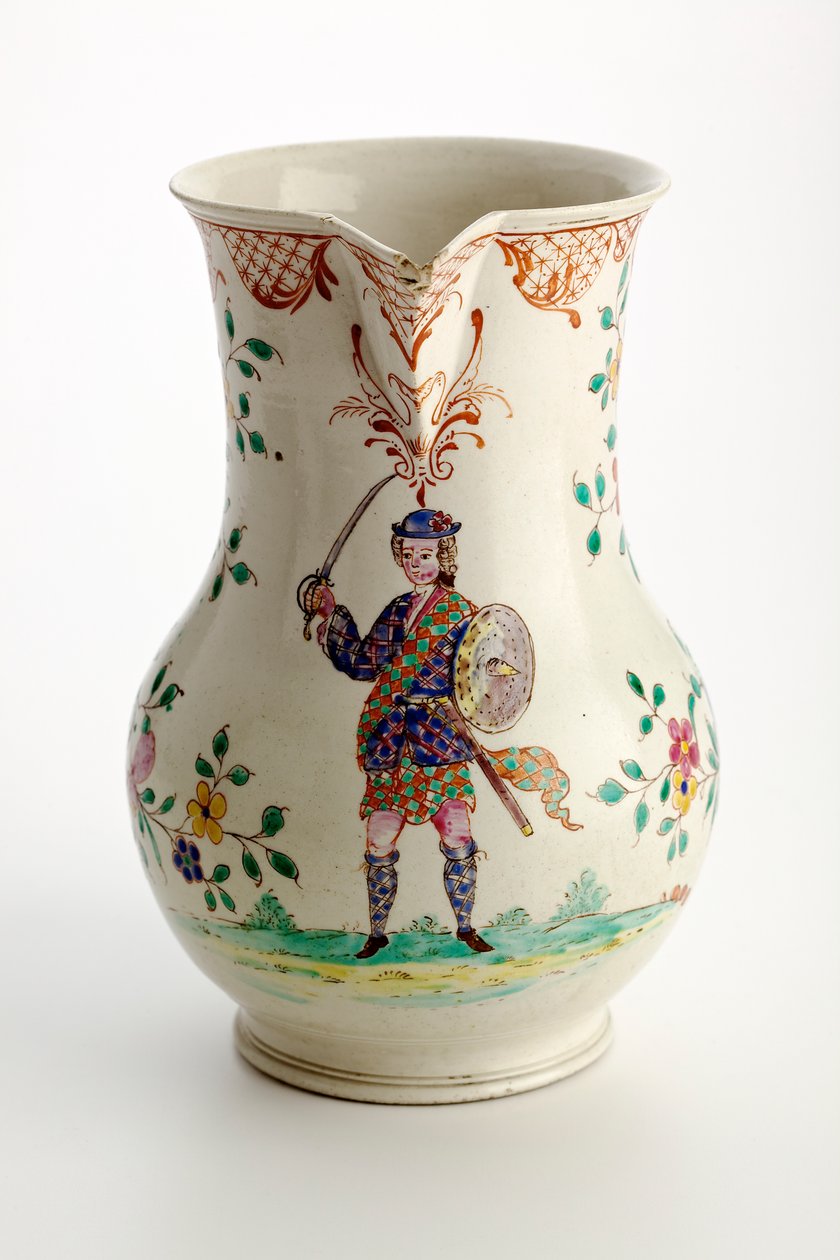 Staffordshire kan versierd met figuur in Highland kostuum, 1755 door English School