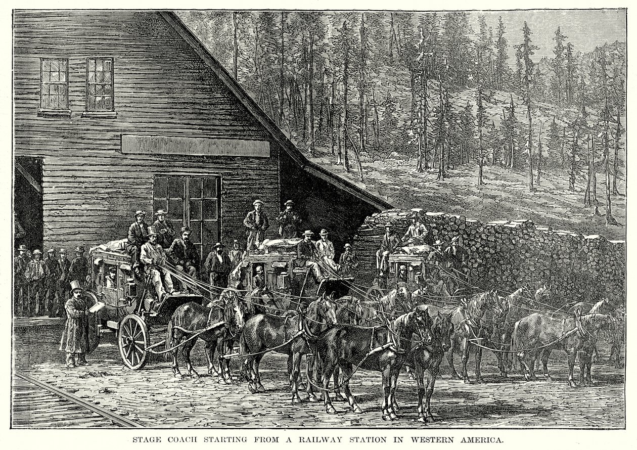 Postkoets vertrekkend van een spoorwegstation in West-Amerika (gravure) door English School