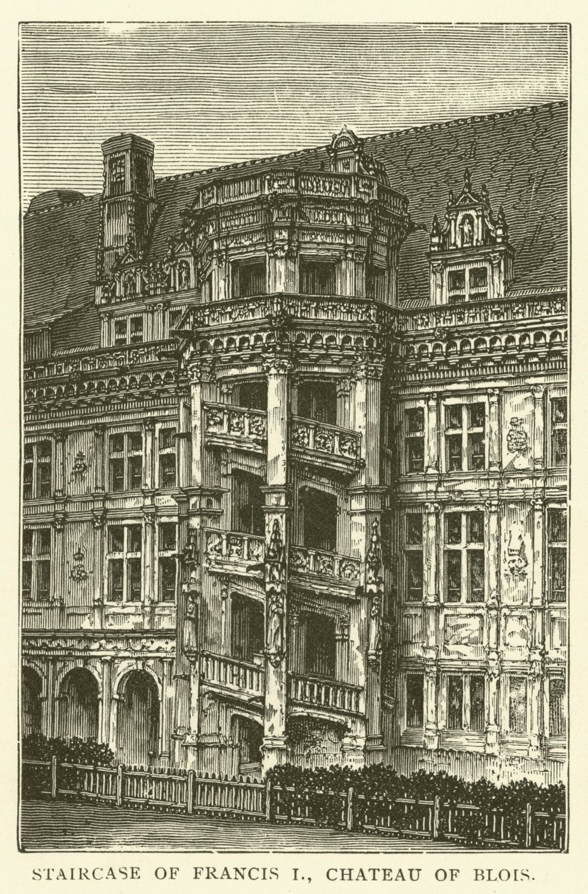Trap van Frans I, Kasteel van Blois (gravure) door English School