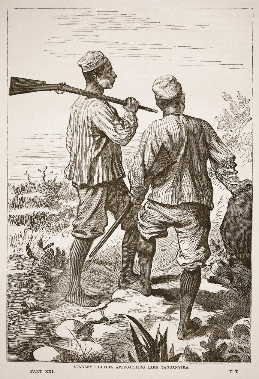 Stanleys gidsen naderen het Tanganyikameer, illustratie uit De Geïllustreerde Editie van het Leven en de Ontdekkingen van David Livingstone door J. Ewing Richie, uitgegeven door A. Fullarton & Co., 1876 door English School