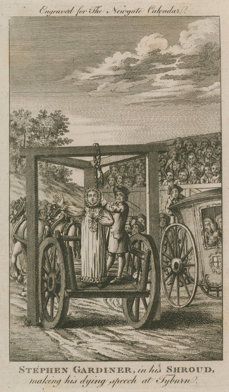 Stephen Gardiner in zijn lijkwade tijdens zijn sterfrede op Tyburn (gravure) door English School
