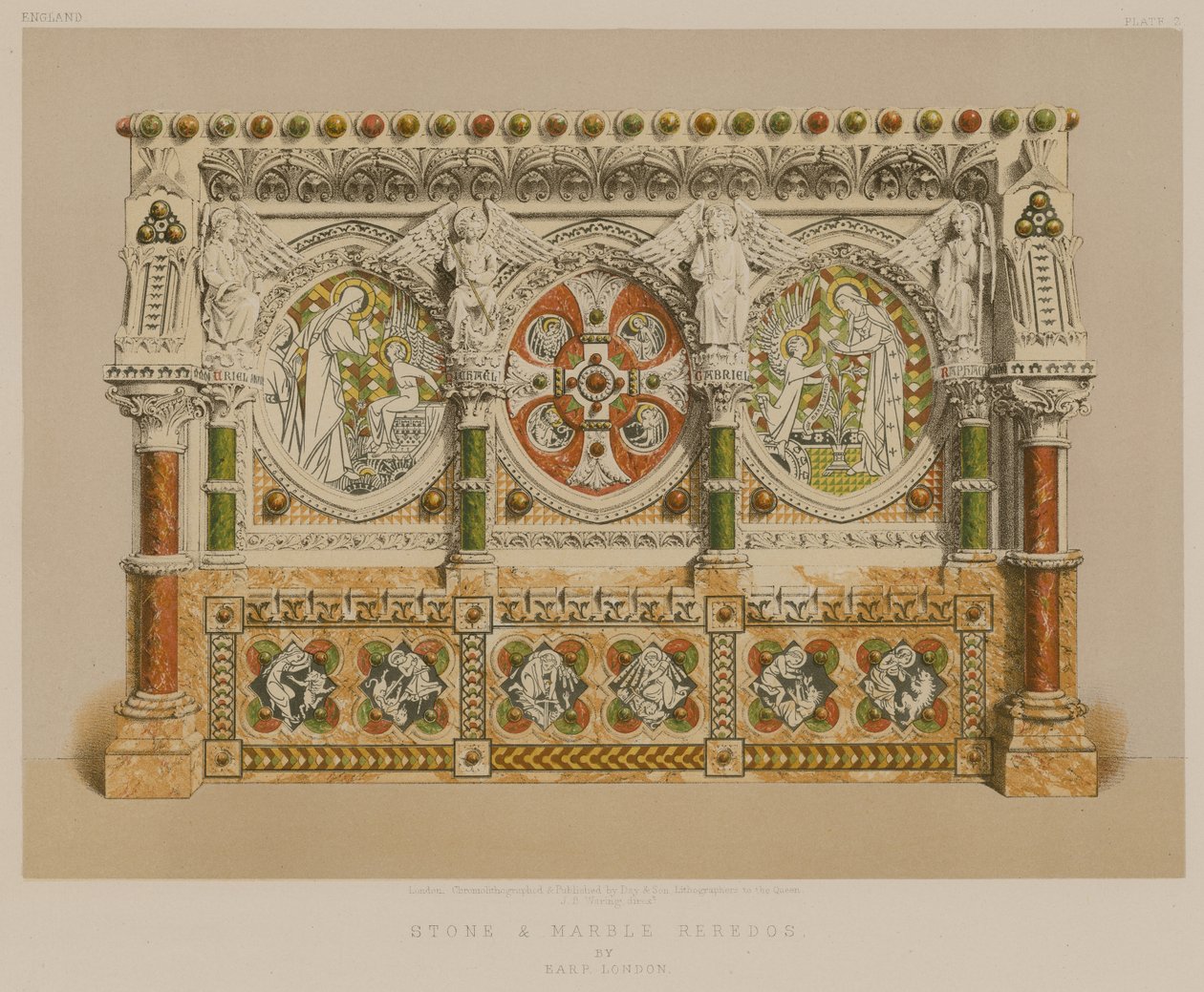 Stenen en marmeren retabel door Earp, Londen (chromolitho) door English School