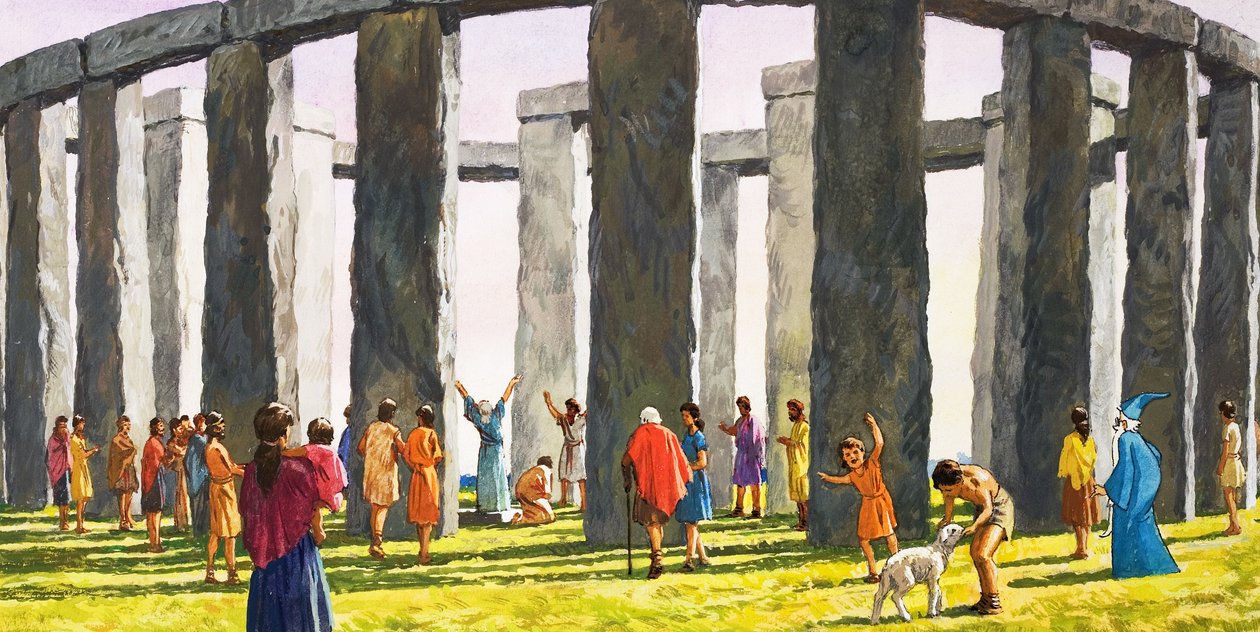 Stonehenge (gouache op papier) door English School