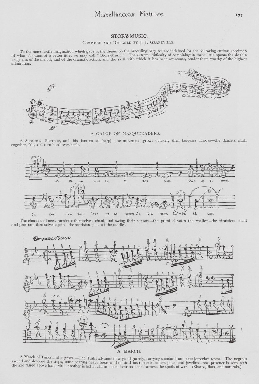 Verhalen in bladmuziek met noten als mensen (gravure) door English School