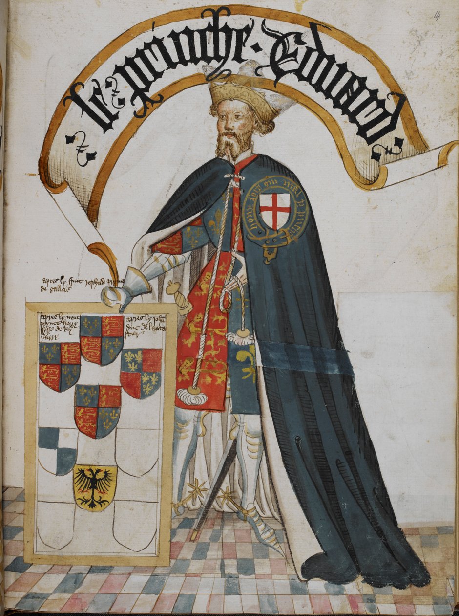 Stowe 594, f.14 Portret van Edward, Prins van Wales [de Zwarte Prins], een Ridder Stichter van de Orde van de Kousenband, uit het 