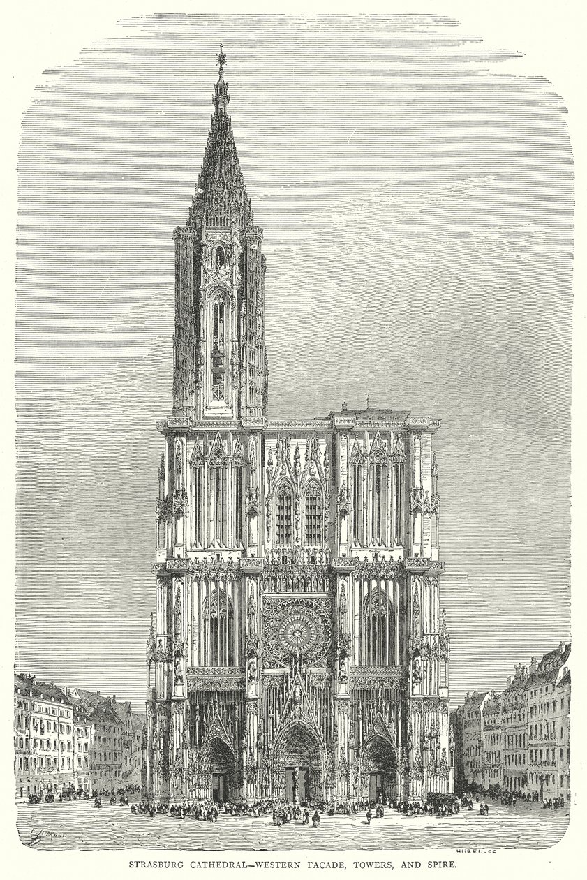 Strasburg Kathedraal-Westgevel, torens en torenspits (gravure) door English School