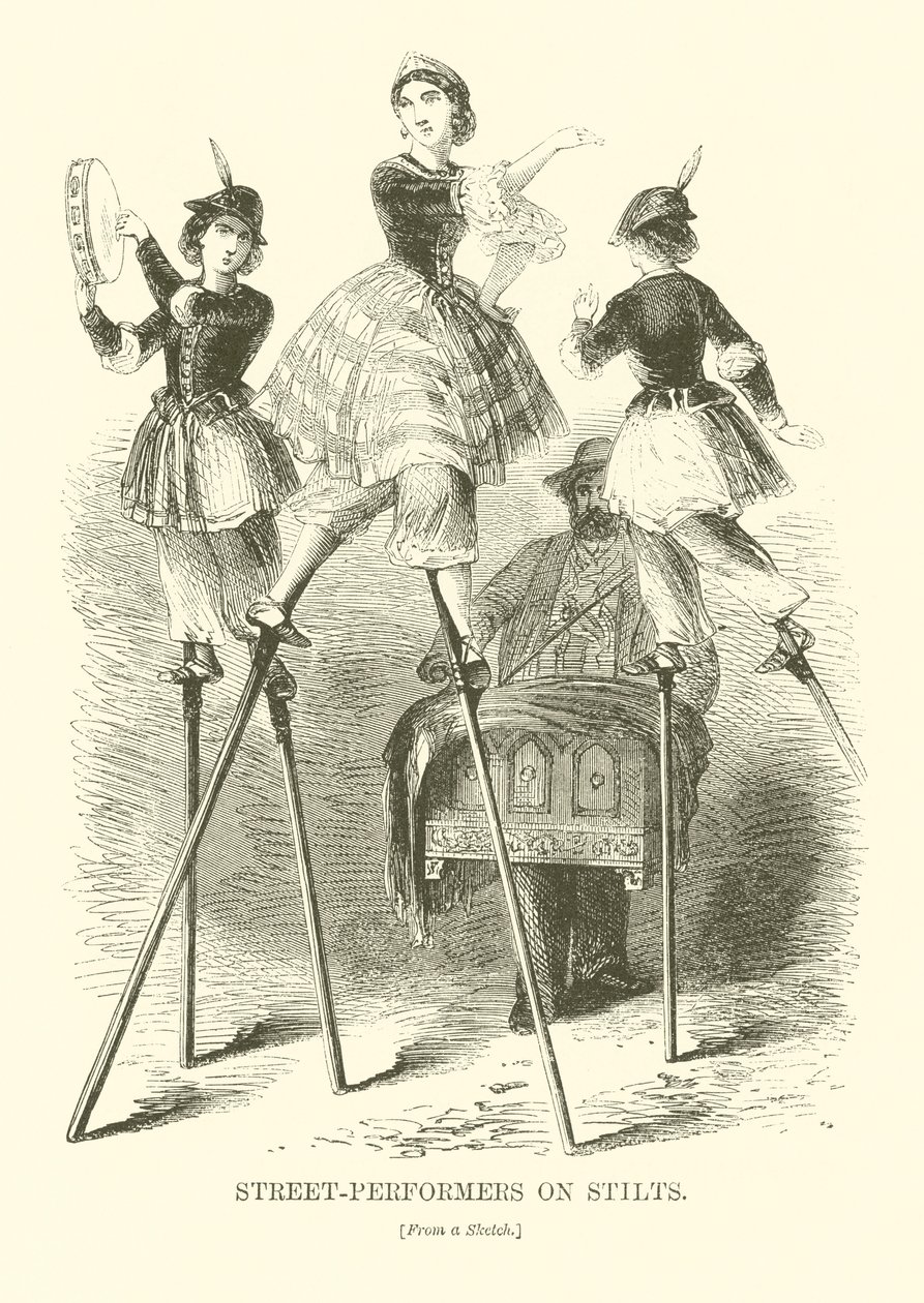 Straatartiesten op stelten (gravure) door English School