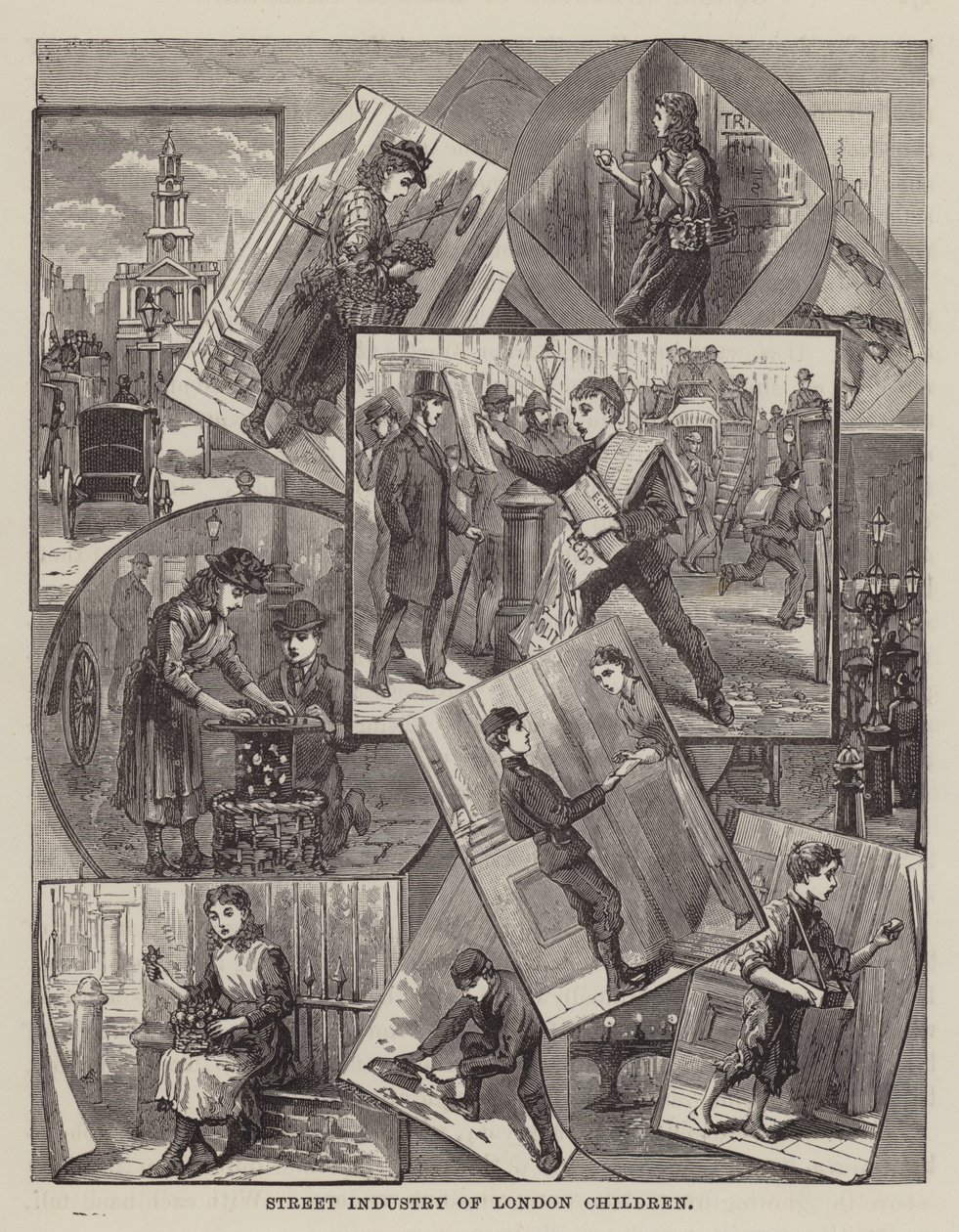 Straatindustrie van Londense kinderen (gravure) door English School