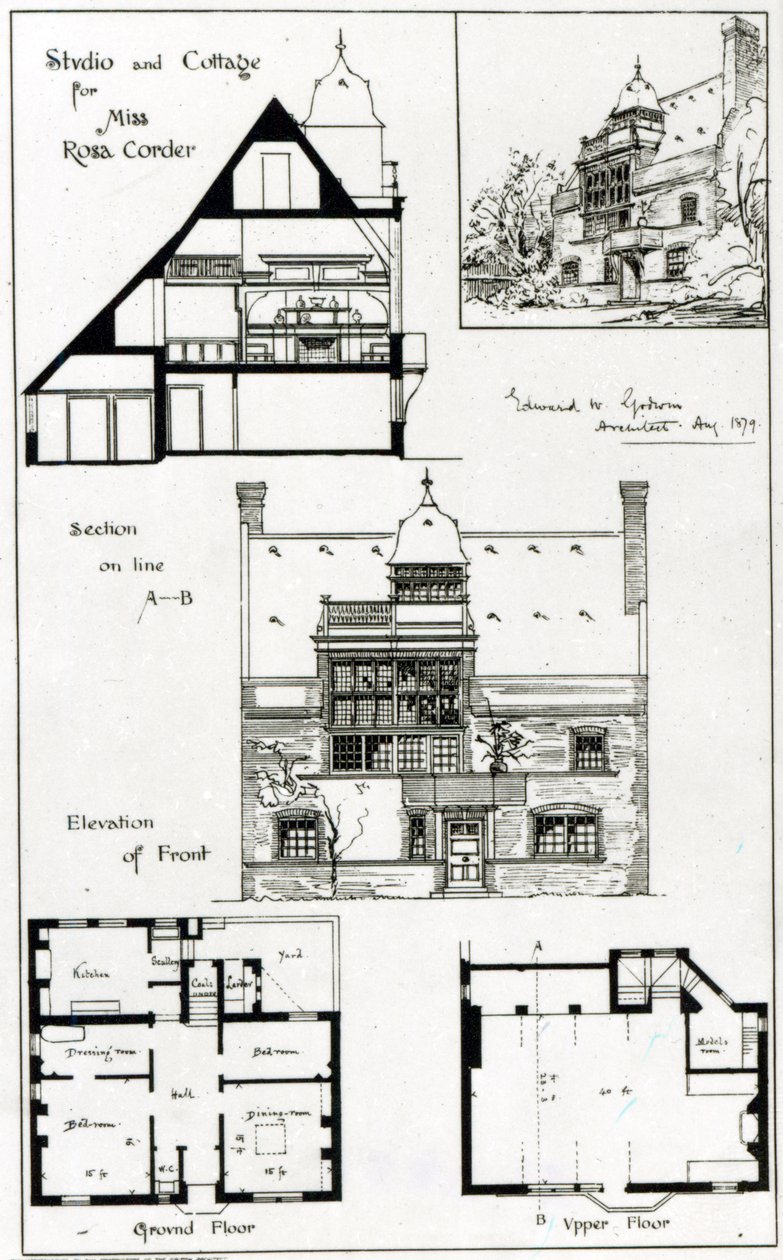 Studio en Cottage voor Miss Rosa Corder, uit The British Architect, 3 oktober 1879 door English School