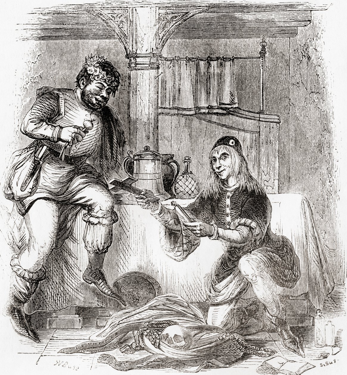 Sumpnour en Pardoner, uit Old England: A Pictorial Museum, uitgegeven 1847 door English School