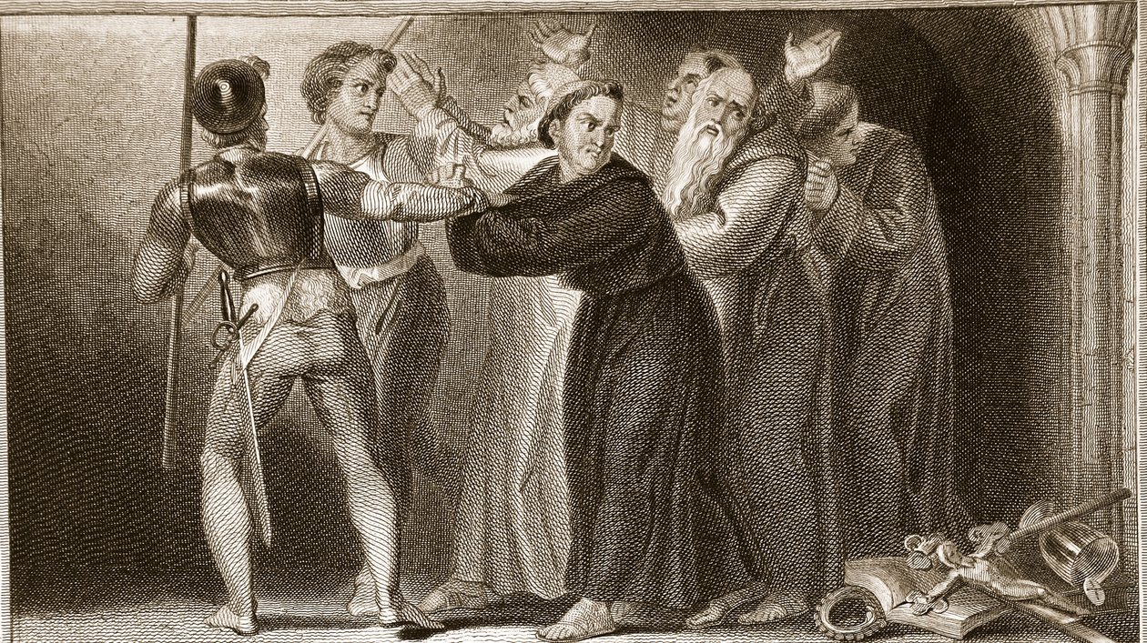 Onderdrukking van de kloosters, illustratie uit David Humes The History of England, uitgegeven door R. Bowyer, Londen, 1812 door English School