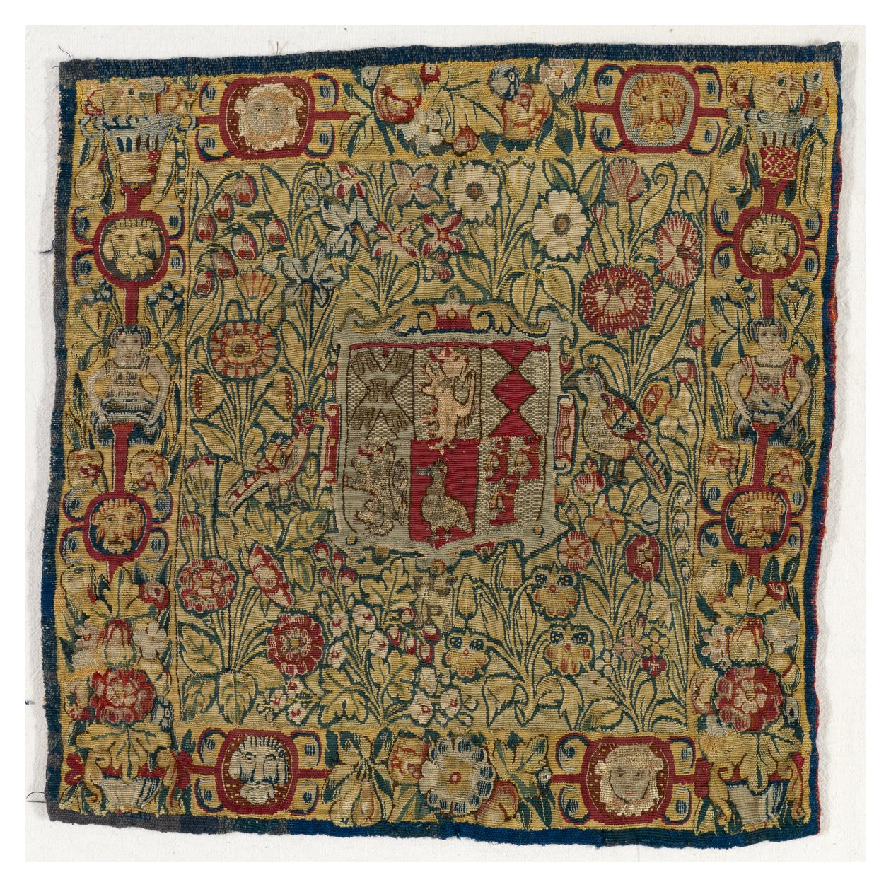Wandtapijt kussenhoes met de wapens van Sacheverell, gemaakt in Sheldon, Engeland, na 1600 door English School