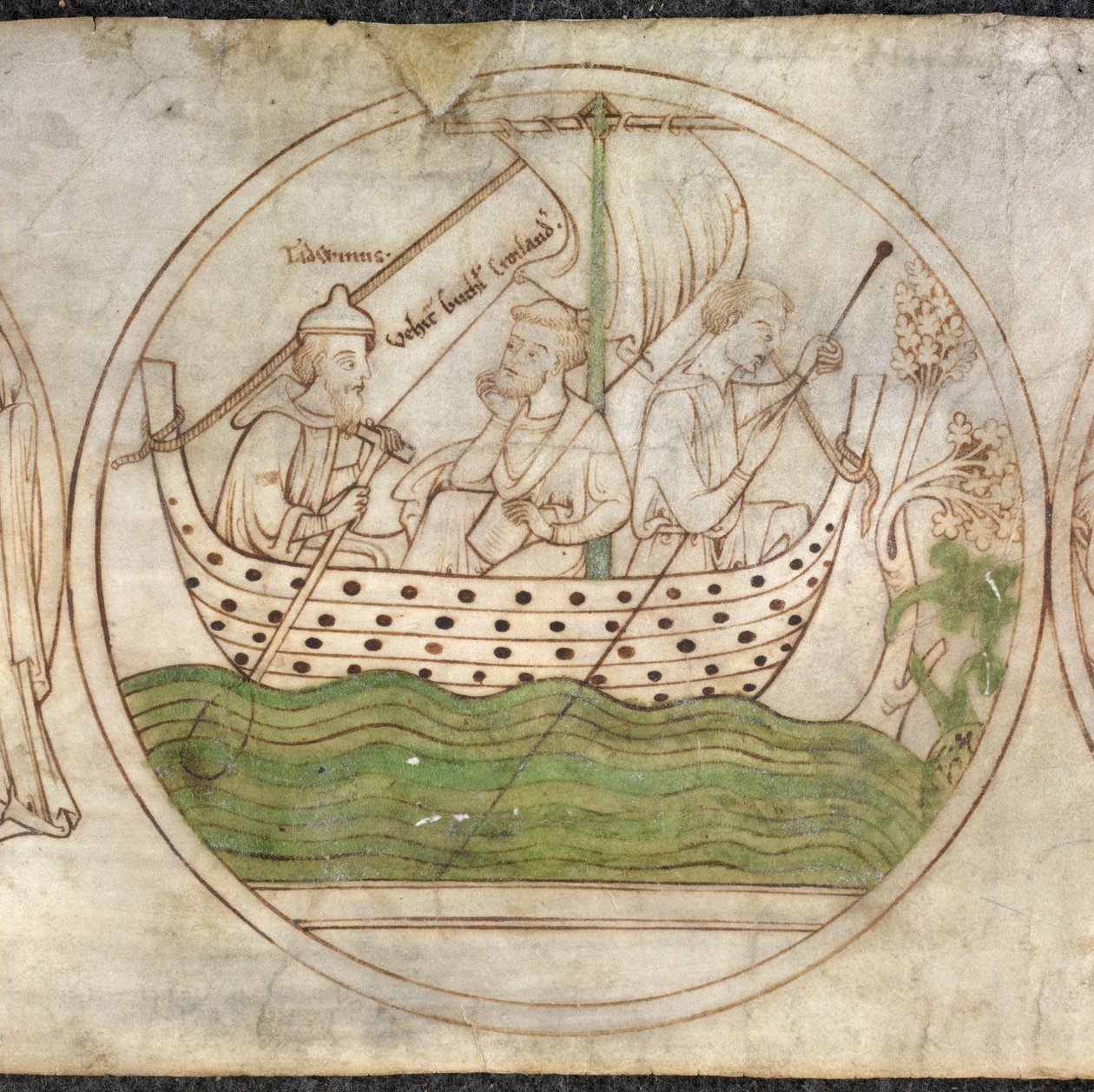 Tatwin vervoert Guthlac per boot naar Crowland, uit 
