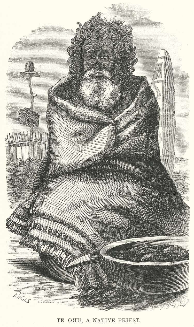 Te Ohu, een priester (gravure) door English School